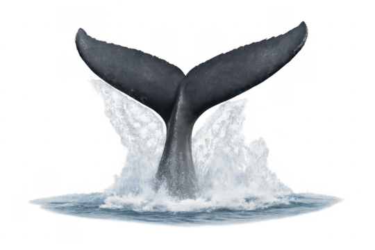 Whale tail diving fluke splashing water transparent background