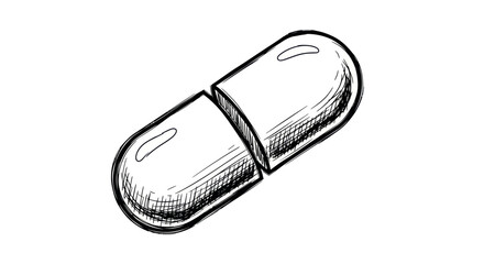 Hand-drawn capsule pill illustration medical treatment concept black and white sketch.