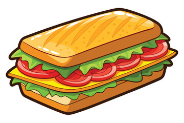 Toasted sandwich features lettuce, cheese, and tomato slices stacked high with a bold outline
