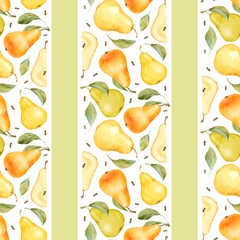 Hand-drawn illustration of a seamless pattern with whole and halved pears, leaves, and vertical striped sections