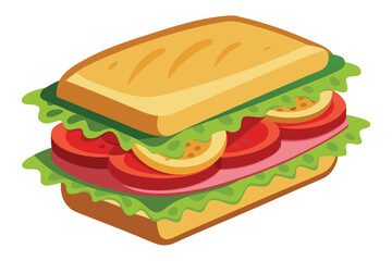 Isometric styled sandwich shows lettuce, tomato, cheese, and ham filling inside light brown bread