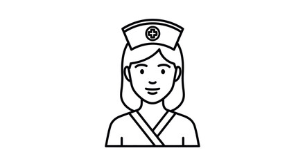 Line Art Illustration of a Female Nurse in Uniform with Cap.