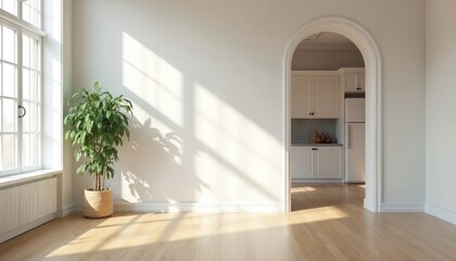 Obraz premium Empty light room with large window casting sun shadows on wall. Archway reveals bright modern kitchen with white cabinets and fridge. Minimalist interior.