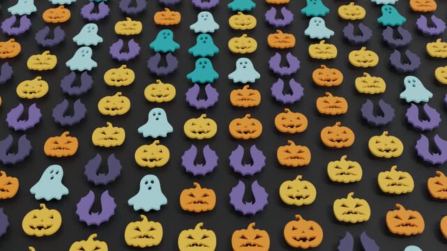 Minimal 3d abstract background of festive Halloween icons in rows, shifting vertically in seamless pattern over dark backdrop, forming modern spooky animation for visuals