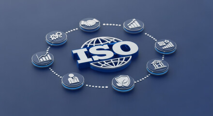 ISO text with globe and quality standard icons for global certification. Modern business management concept.