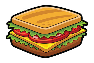 Cartoon sandwich with lettuce, cheese, and tomato fillings features a bold, black outline