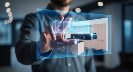 Man interacting with virtual reality display showing kitchen design. Future of interior design, architectural planning concept.