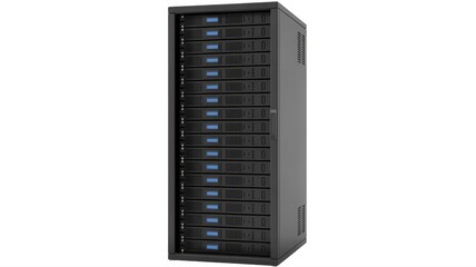 A black server rack with multiple hard drives installed on a white background in a studio shot