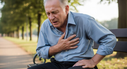 Senior caucasian man suffering from heart attack outdoors. Chest pain and myocardial infarction concept. Health problem for elder male.