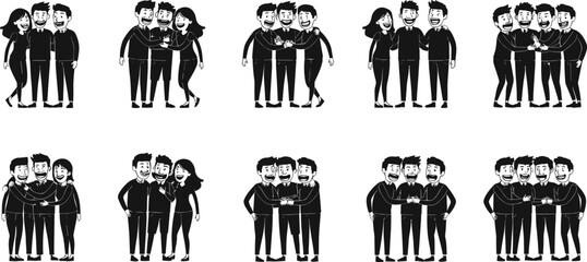 Cartoon group of three people, friends smiling, social celebration, casual gathering, teamwork, friendship bond, happy characters, vector illustration design