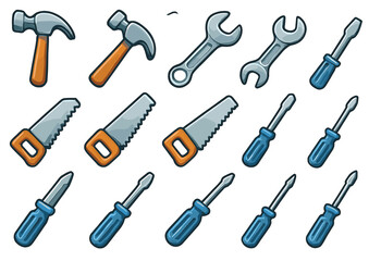 Naklejka premium Collection of cartoon hand tools with hammers, wrenches, saws, and screwdrivers
