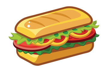 Cartoon sandwich with layers of lettuce, tomato, cheese, and meat isolated over white