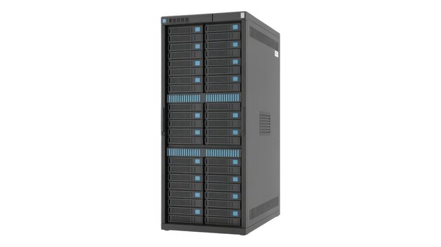 A gray server rack with multiple hard drives shown against a plain white background in a studio shot