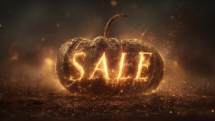 Glowing 'SALE' inscription on a dark, textured pumpkin amidst a hazy, earthy scene