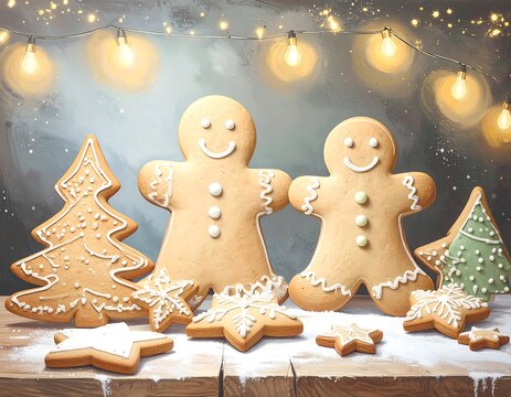 Festive gingerbread cookies with Christmas lights