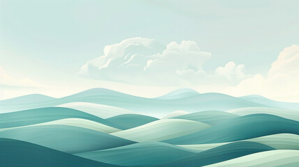 Obraz premium Harmonious landscape of rolling hills under a serene pastel sky with fluffy clouds