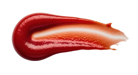 Fototapeta premium A luxurious, deep crimson tomato ketchup streak, viscous and glossy with intricate textural ripples and glistening micro-droplets, on a pristine transparent background, concept for food advertising