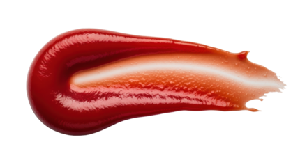 A luxurious, deep crimson tomato ketchup streak, viscous and glossy with intricate textural ripples and glistening micro-droplets, on a pristine transparent background, concept for food advertising