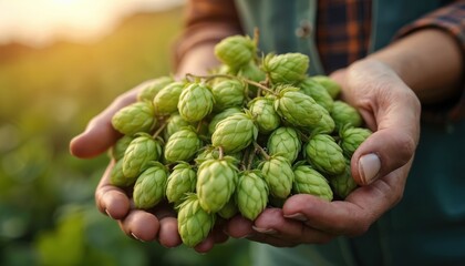 Farmer holding bunch of fresh green hop cones at sunset. Close up on hands gathering ripe hops in a field during autumn harvest season. Agriculture and brewing background.