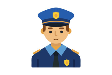 Policeman with dark hair wears a blue uniform and tie on a white background