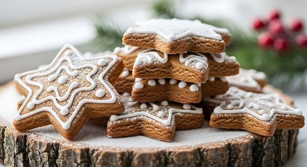 Star shaped gingerbread cookies with icing sugar on a wooden board for christmas