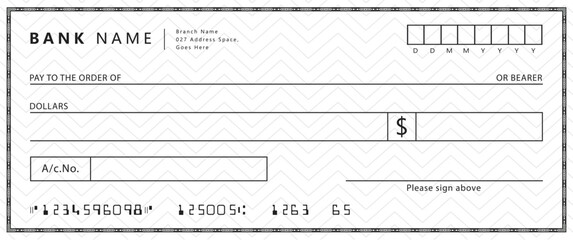 Empty money cheque. Bank check. check book template with pattern and blank fields. Currency payment coupon, US dollar check background.