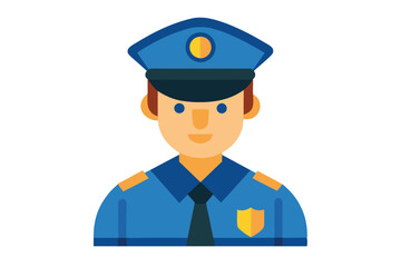 A fair skinned policeman with a blue uniform and hat stands confidently facing forward