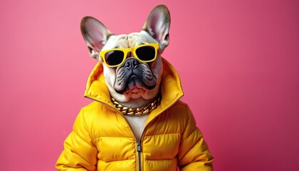 Fototapeta premium French bulldog wears yellow puffer jacket gold chain and sunglasses against pink backdrop. Stylish canine model poses like a supermodel for fashion editorial. Funny pet portrait.