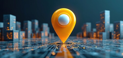 Yellow location pin on digital map with abstract city skyline. Navigation technology concept with glowing circuits and buildings. Find place, plan route.