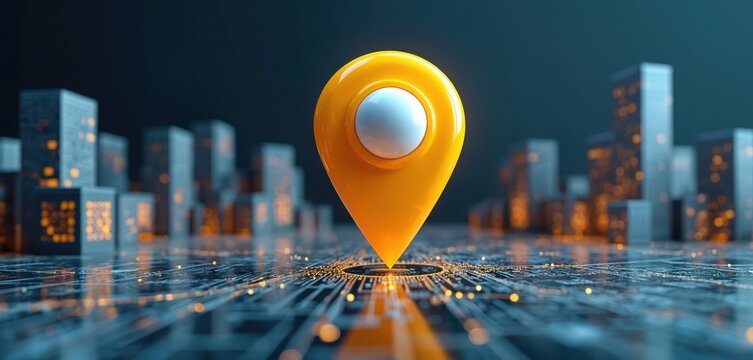 Yellow location pin on digital map with abstract city skyline. Navigation technology concept with glowing circuits and buildings. Find place, plan route.