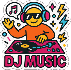Colorful DJ music sticker with disc jockey, turntable, headphones, musical notes, and sparkling stars on a vibrant purple background.