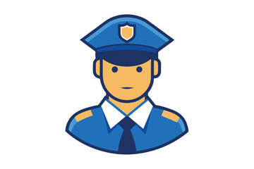Cartoon policeman stands wearing his blue uniform and hat with a shield icon