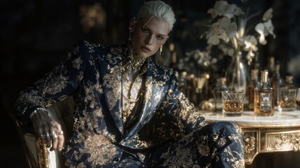 Luxurious Man In Ornate Navy And Gold Suit Seated At Elegant Bar With Whiskey