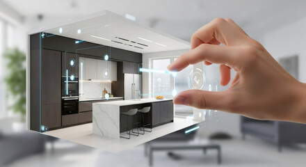 Woman uses augmented reality to design modern kitchen. Smart home interior control with futuristic holographic interface. Digital architecture project.