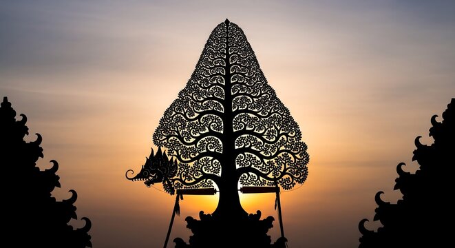 Gunungan wayang silhouette against soft glowing sky