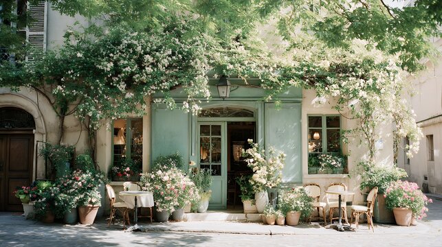 Fototapeta charming french cafe exterior with green facade tables chairs bistro provence style architecture vintage building