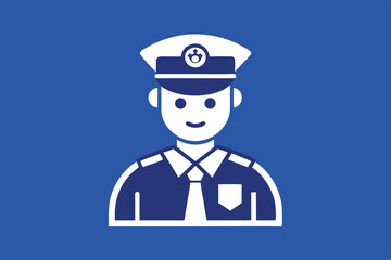 White police officer icon with navy uniform displays against a blue background