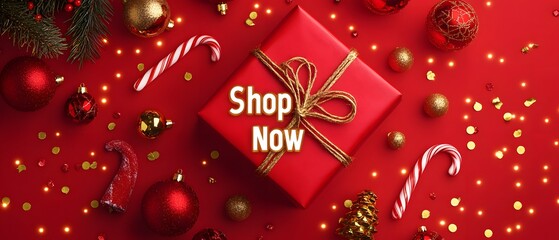 Shop Now Christmas sale banner with red gift box and decorations.