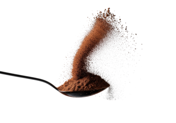 Ultra-fine rich dark cocoa powder cloud, billowing from a sleek black spoon on transparent, captured in dynamic burst, macro, photorealistic, dramatic backlighting concept of dynamic motion and