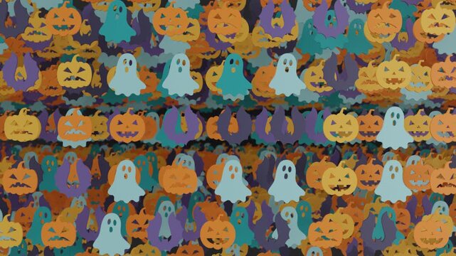 3D abstract background with multicolored silhouettes of pumpkins, bats, and ghosts on a dark surface, creating a dynamic and fun Halloween motion composition with a modern visual style