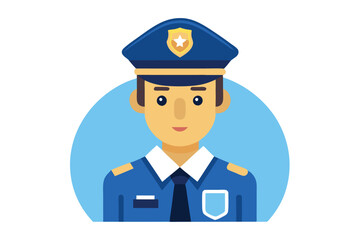 Cartoon police officer in a blue uniform with a neutral facial expression and light blue background