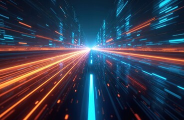 Abstract digital speedway with glowing orange and blue light trails. Data streams race through a futuristic network, suggesting high speed and connectivity.