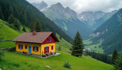 Fototapeta premium Bright yellow and red house sits on green hill. Majestic mountains rise behind forested valley. Peaceful rural scene offers serene escape. Idyllic countryside dwelling.
