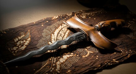 Soft dramatic lighting on an old keris, placed on rustic batik cloth