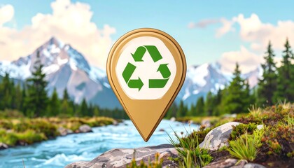 Recycling symbol marker over mountain landscape with river and evergreen trees
