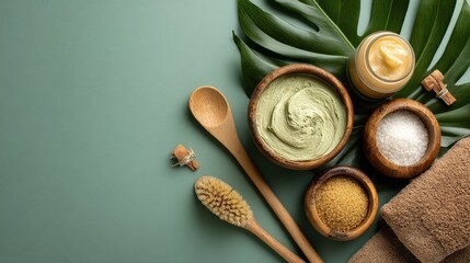 Plakat Natural spa products arranged on a muted green background, featuring clay mask, sugar scrub, and sea salt, alongside wooden utensils and a towel.