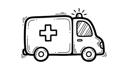 Hand-drawn ambulance with a cross and flashing light.