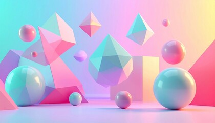 Abstract 3D geometric shapes, spheres, cubes, triangles floating on pastel background