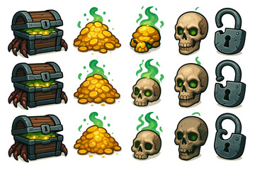 Fototapeta premium Treasure chest, golden coins, skulls, and locks gaming icons collection