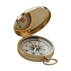 Vintage brass pocket compass, flung-open lid revealing crisp white dial, red-tipped needle, isolated on transparent, dramatic cinematic lighting, intricate craftsmanship concept.